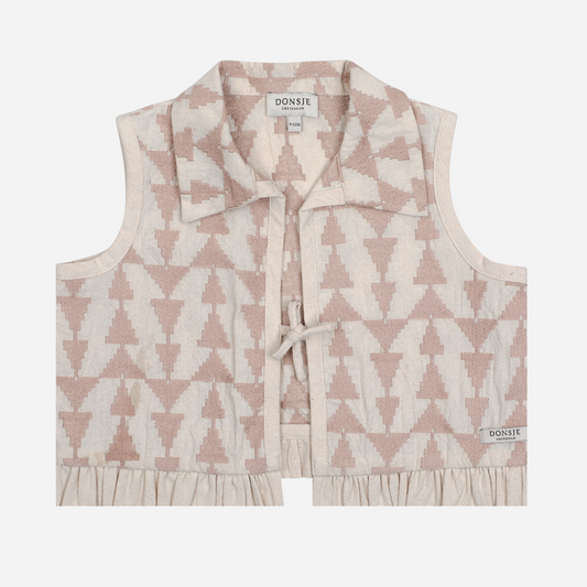 Sold at Bombon shop, designed by Donsje from Amsterdam, this baby and toddler girl vest is the perfect pre-fall and transition accessory. In A soft rose triangular patten its stylish and great for any occasion.  front view