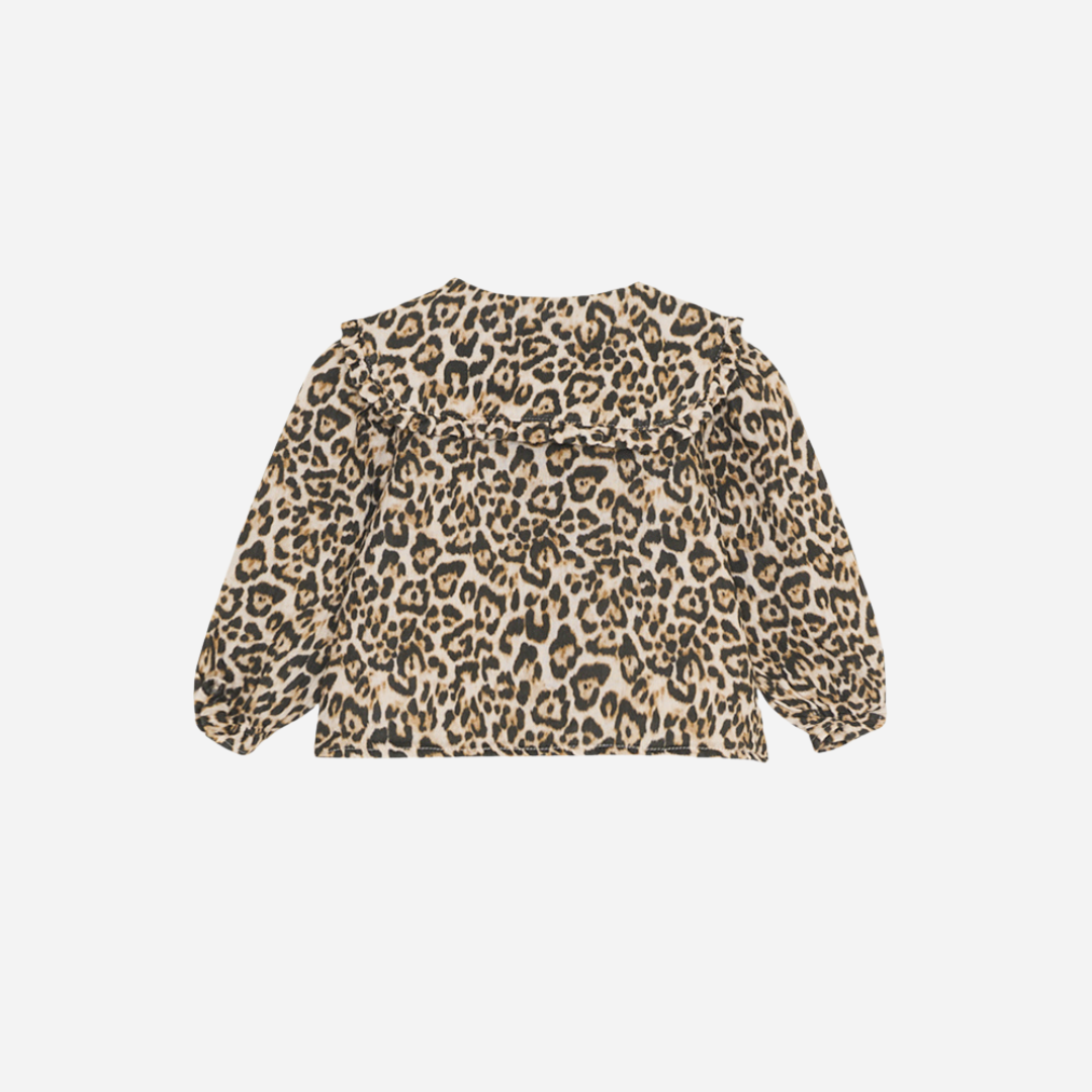 Sold at Bombon shop, designed by The New Society, this baby girl blouse features an all-over leopard print, ruffled collar, and long sleeves for a stylish, standout look. back