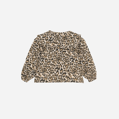 Sold at Bombon shop, designed by The New Society, this baby girl blouse features an all-over leopard print, ruffled collar, and long sleeves for a stylish, standout look. back
