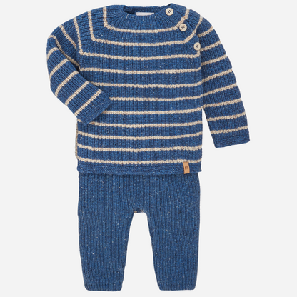 Sold at Bombon shop, designed by Paz Rodriguez, blue and cream striped knit baby set with buttoned sweater and matching pants.