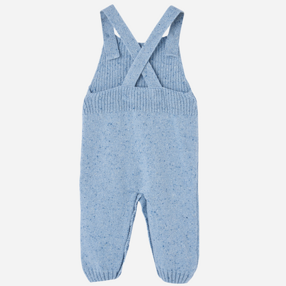 Sold at Bombon shop, designed by Paz Rodriguez, blue knit baby overalls with front pocket and shoulder buttons. back