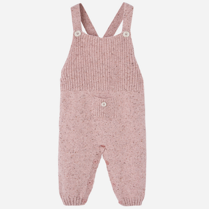 Sold at Bombon shop, designed by Paz Rodriguez. Cream floral muslin baby bodysuit with ruffle collar paired with pink knit overalls featuring front pocket and button straps.