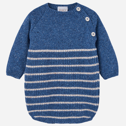 Sold at Bombon shop, designed by Paz Rodriguez, blue knit baby romper with cream horizontal stripes and shoulder buttons.