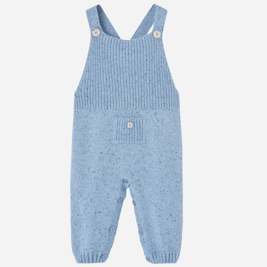 Sold at Bombon shop, designed by Paz Rodriguez, blue knit baby overalls with front pocket and shoulder buttons. front