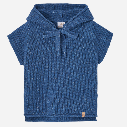 Sold at Bombon shop, designed by Paz Rodriguez, blue speckled knit vest with hood and tie neckline.