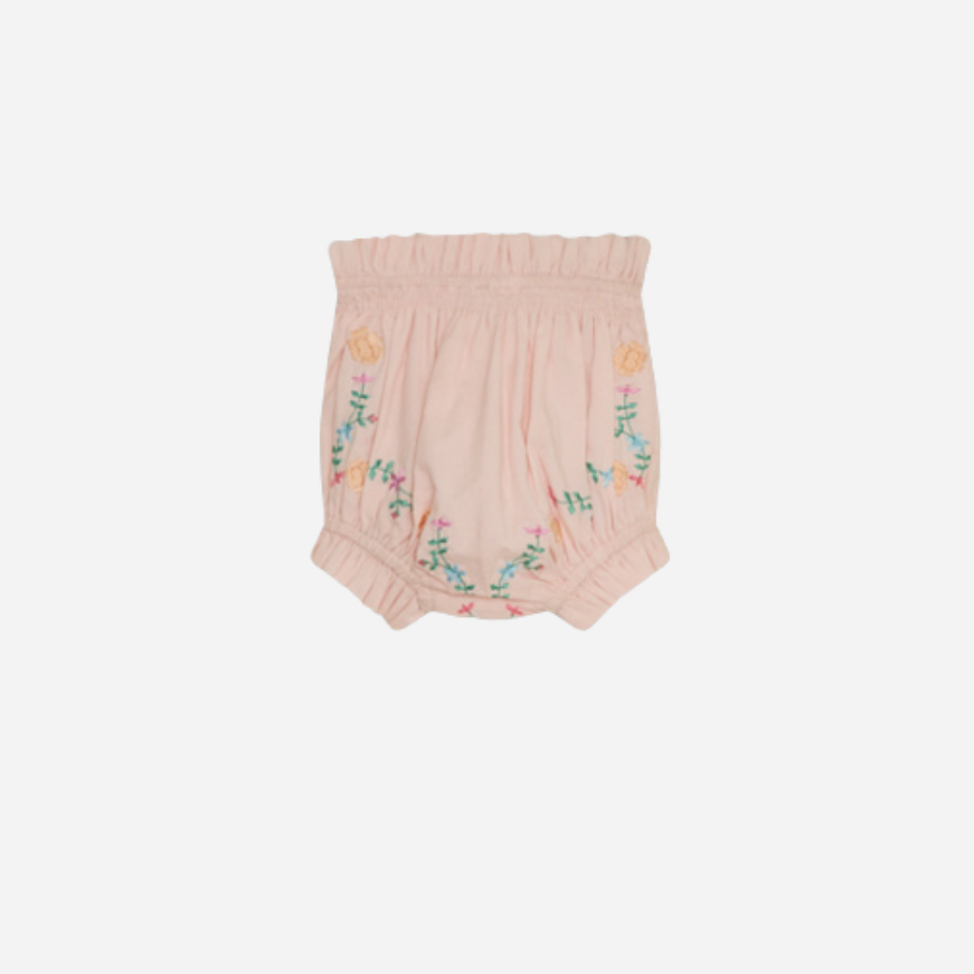 sold at Bombon, designed by The New Society petal pink baby bloomer with delicate embroidery in 100% cotton matching baby set and sibling look