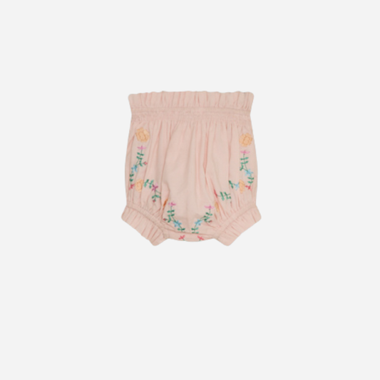 sold at Bombon, designed by The New Society petal pink baby bloomer with delicate embroidery in 100% cotton matching baby set and sibling look