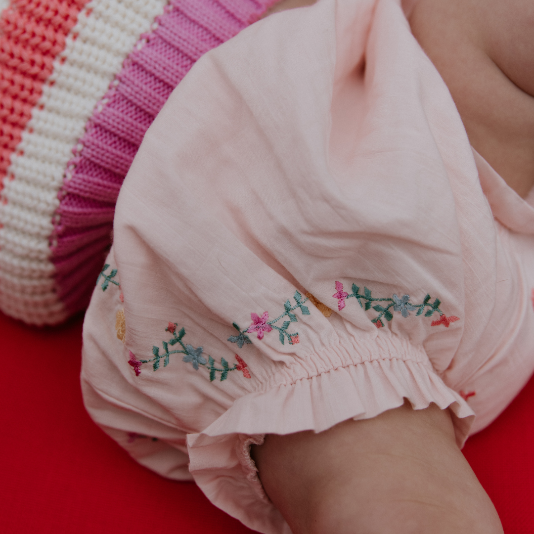 sold at Bombon, designed by The New Society petal pink baby bloomer with delicate embroidery in 100% cotton matching baby set and sibling look