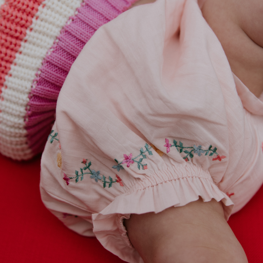 sold at Bombon, designed by The New Society petal pink baby bloomer with delicate embroidery in 100% cotton matching baby set and sibling look