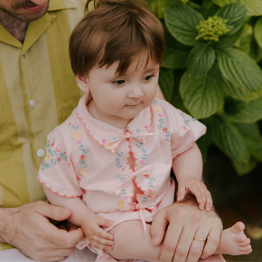 sold at Bombon, designed by The New Society petal pink baby bloomer with delicate embroidery in 100% cotton matching baby set and sibling look