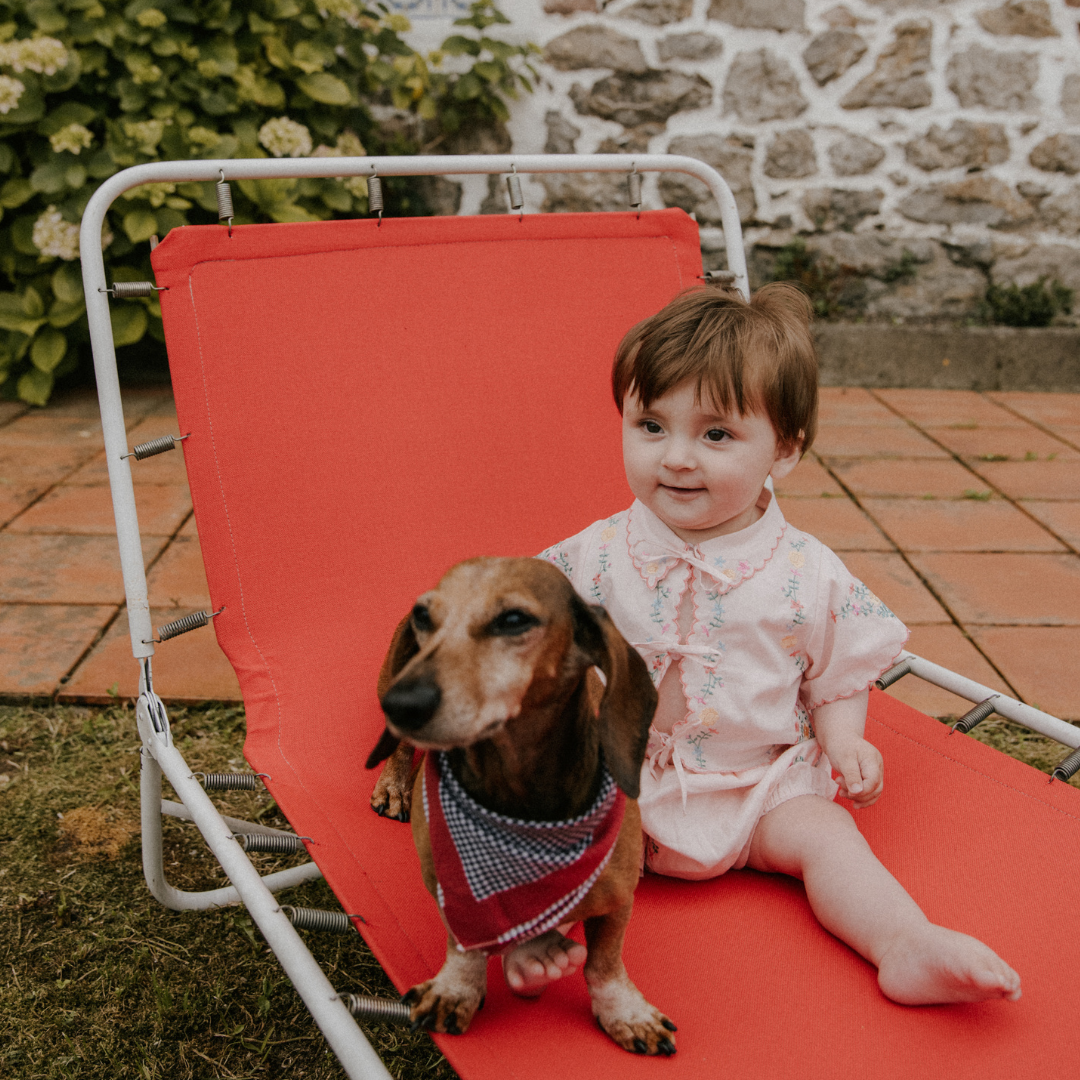 sold at Bombon, designed by The New Society petal pink baby bloomer with delicate embroidery in 100% cotton matching baby set and sibling look