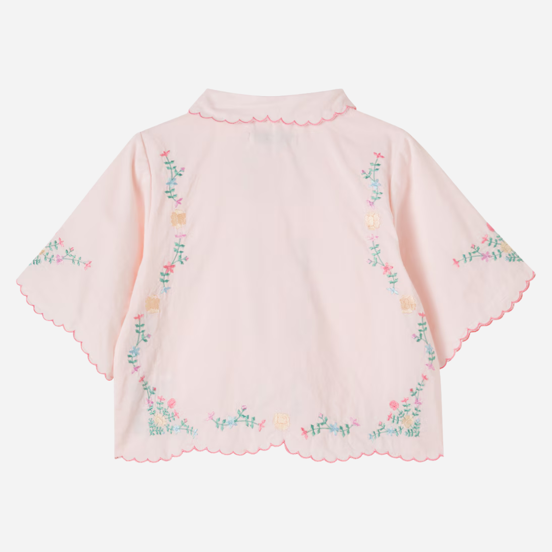 sold at Bombon, designed by The New Society girls petal pink blouse with embroidered details in 100% cotton matching shorts set and sibling look
