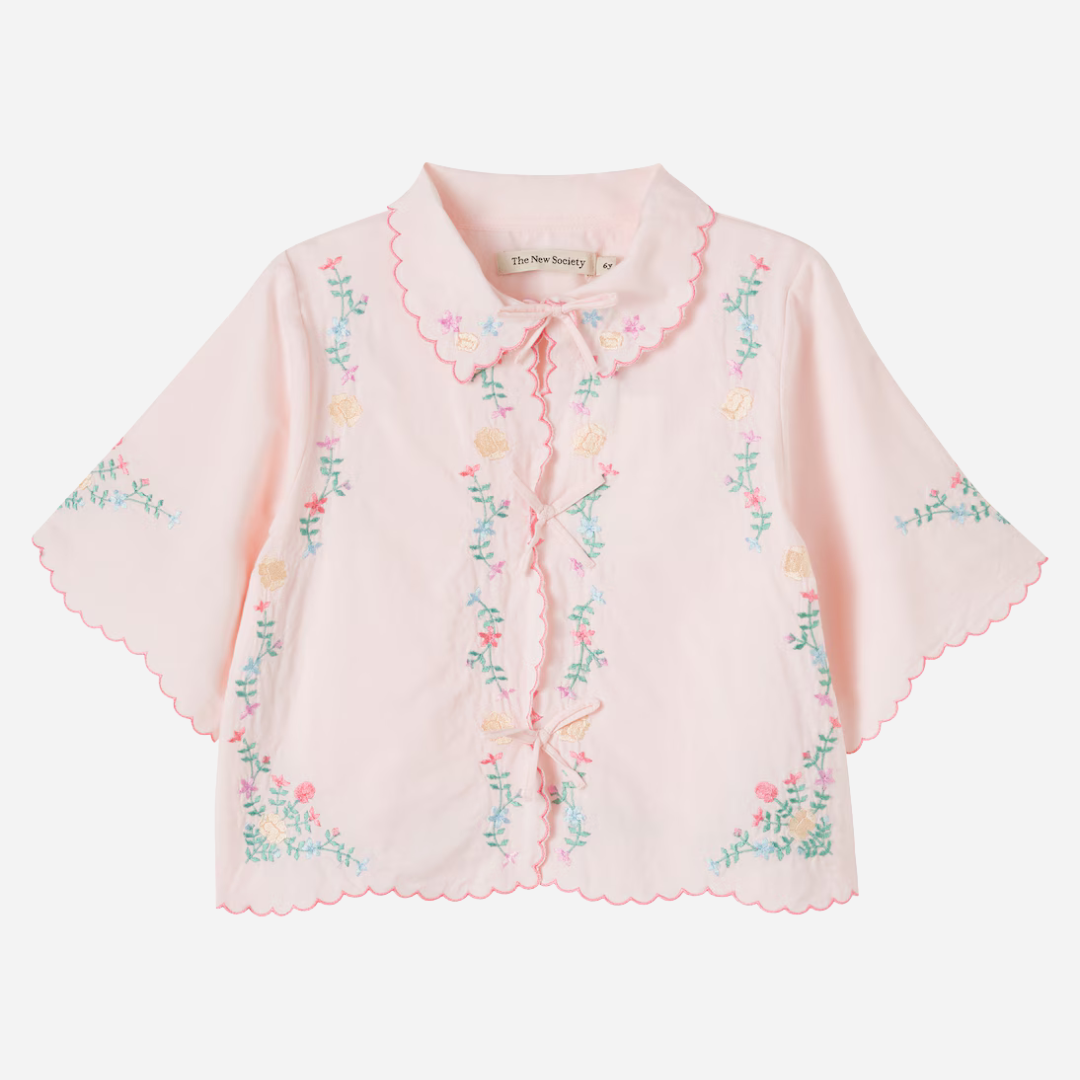 sold at Bombon, designed by The New Society girls petal pink blouse with embroidered details in 100% cotton matching shorts set and sibling look