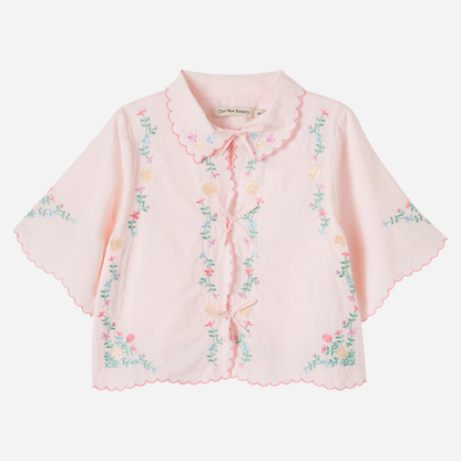sold at Bombon, designed by The New Society girls petal pink blouse with embroidered details in 100% cotton matching shorts set and sibling look