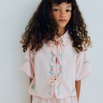 sold at Bombon, designed by The New Society petal pink girls shorts with embroidery in 100% cotton elastic waist matching blouse set and sibling outfit