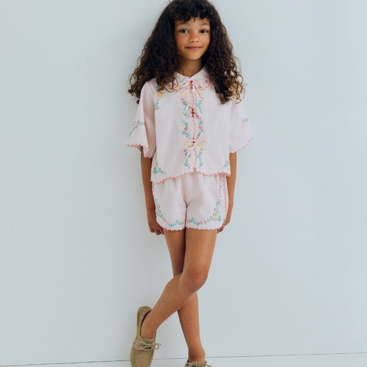 sold at Bombon, designed by The New Society girls petal pink blouse with embroidered details in 100% cotton matching shorts set and sibling look
