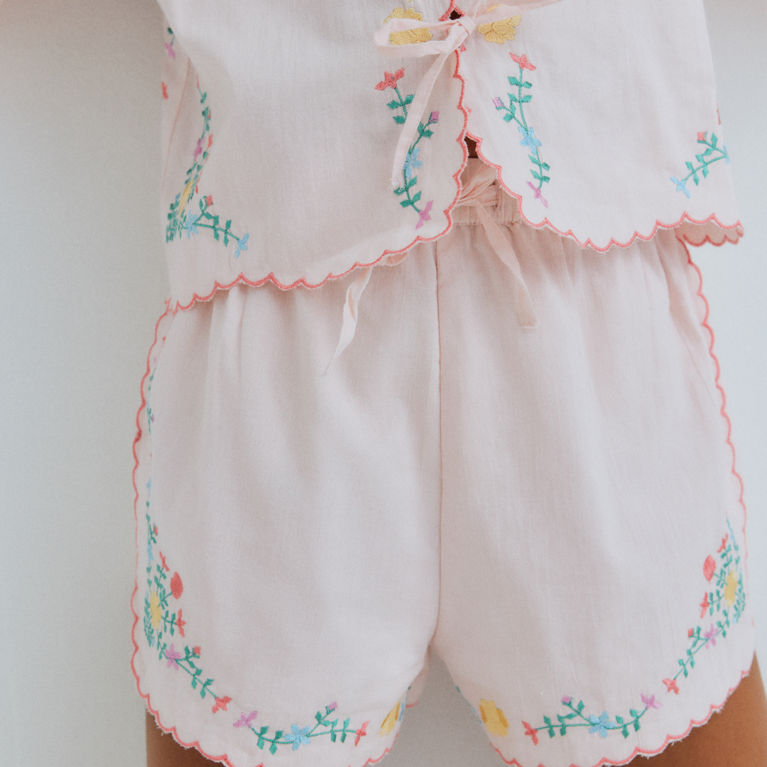 sold at Bombon, designed by The New Society girls petal pink blouse with embroidered details in 100% cotton matching shorts set and sibling look
