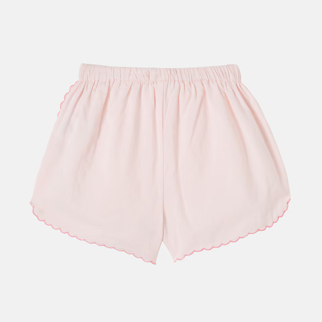 sold at Bombon, designed by The New Society petal pink girls shorts with embroidery in 100% cotton elastic waist matching blouse set and sibling outfit