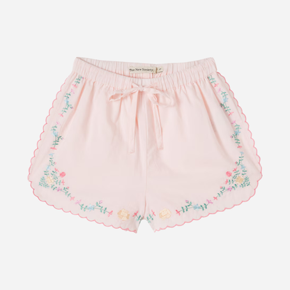 sold at Bombon, designed by The New Society petal pink girls shorts with embroidery in 100% cotton elastic waist matching blouse set and sibling outfit