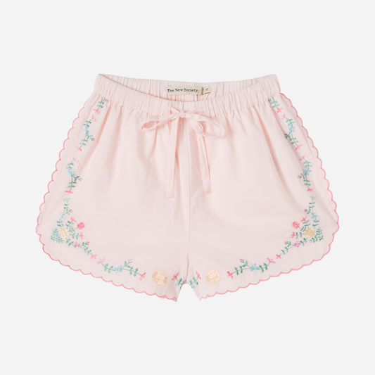 sold at Bombon, designed by The New Society petal pink girls shorts with embroidery in 100% cotton elastic waist matching blouse set and sibling outfit