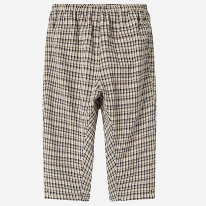 Sold at Bombon shop, designed by MarMar Copenhagen. Beige and navy check cotton pants with elastic waistband, pair perfectly with the matching beige shirt.