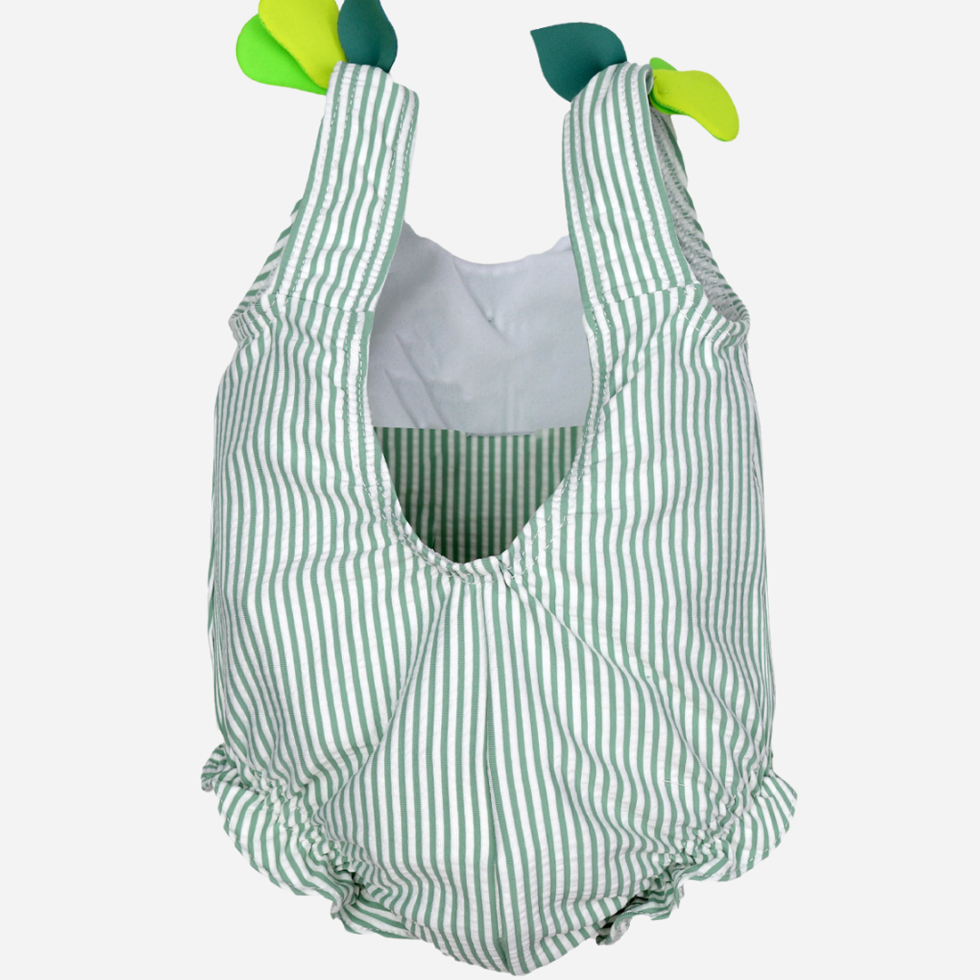 sold at Bombon shop, designed by Al Agua Patos Brand, this green striped baby girl bathing suit is perfect for summer. back view