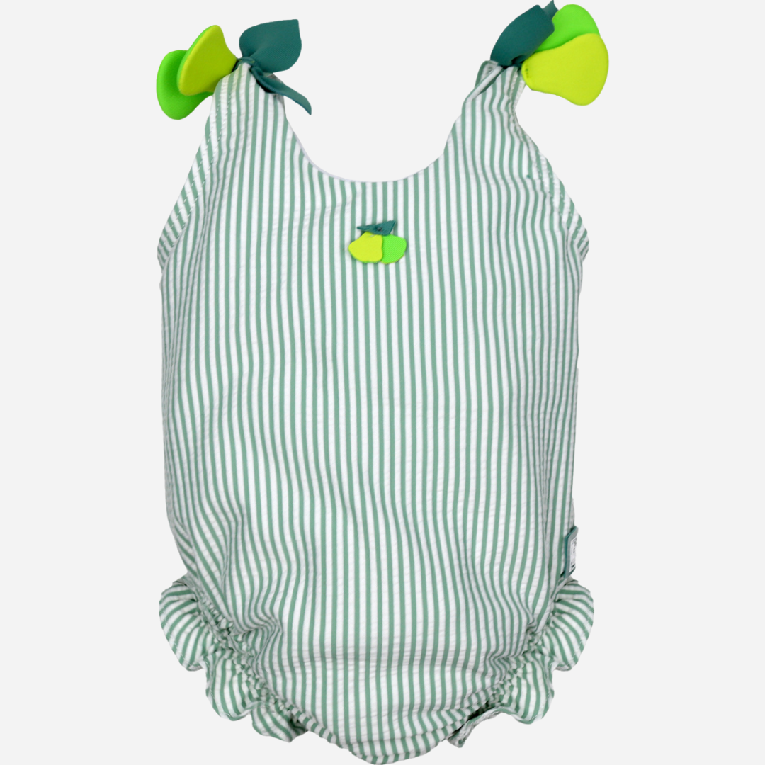 sold at Bombon shop, designed by Al Agua Patos Brand, this green striped baby girl bathing suit is perfect for summer. front view