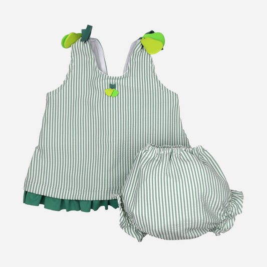 sold at Bombon shop, designed by Al Agua Patos Brand, this green striped baby girl two-piece bathing suit is perfect for summer. sold as a set