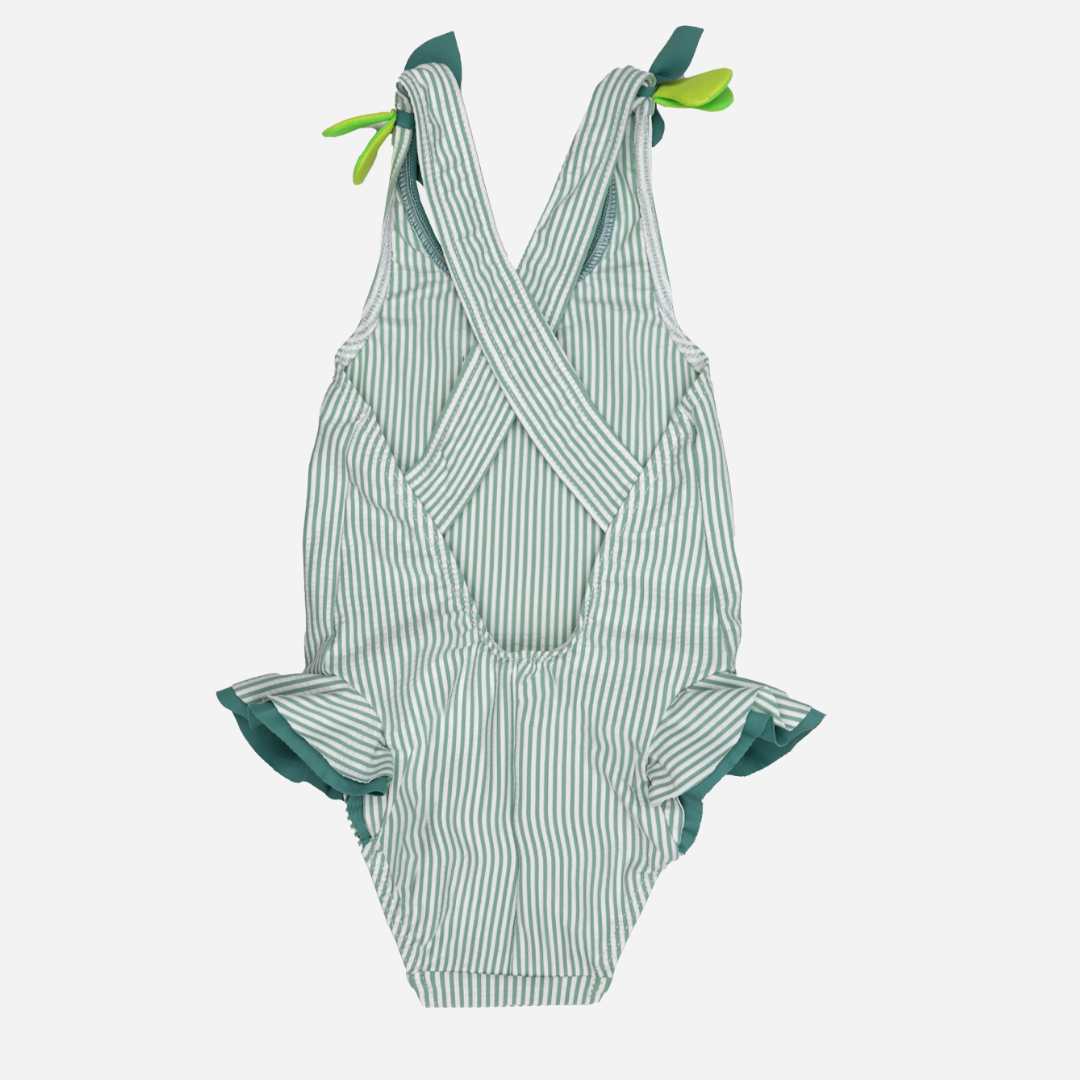 sold at Bombon shop, designed by Al Agua Patos Brand, this green striped girl one-piece bathing suit is perfect for summer. back view