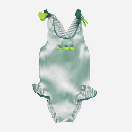 sold at Bombon shop, designed by Al Agua Patos Brand, this green striped girl one-piece bathing suit is perfect for summer. front view