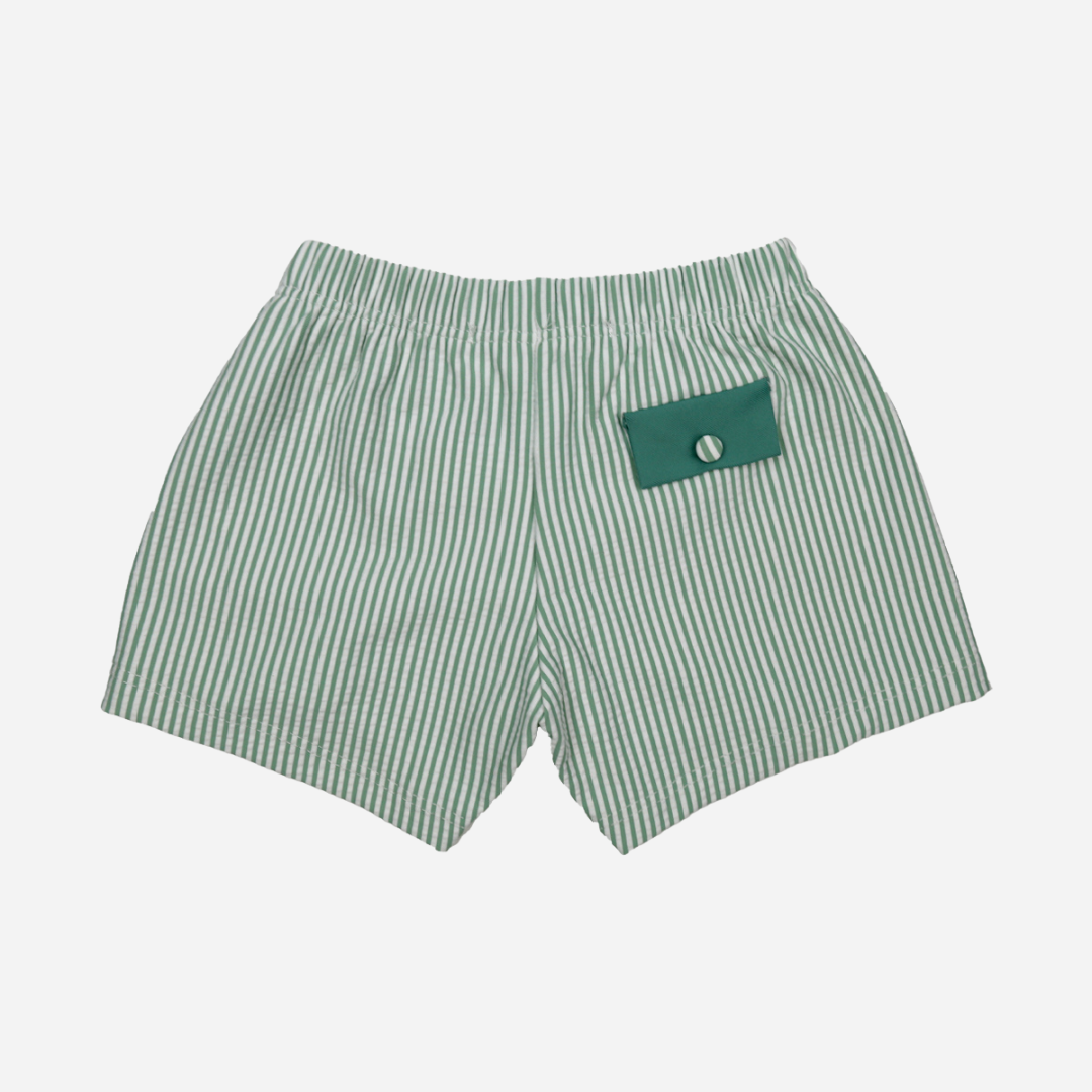 sold at Bombon shop, designed by Al Agua Patos Brand, this green striped boxer swim short for boys is perfect for summer. back view