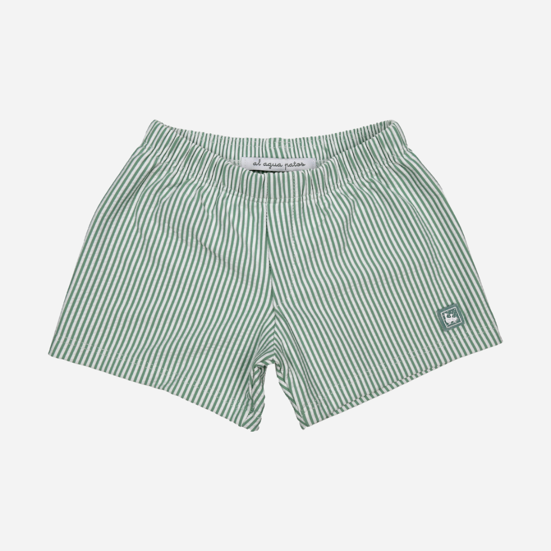 sold at Bombon shop, designed by Al Agua Patos Brand, this green striped boxer swim short for boys is perfect for summer. front view