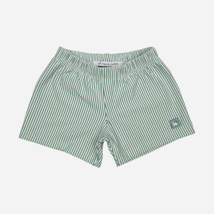 sold at Bombon shop, designed by Al Agua Patos Brand, this green striped boxer swim short for boys is perfect for summer. front view
