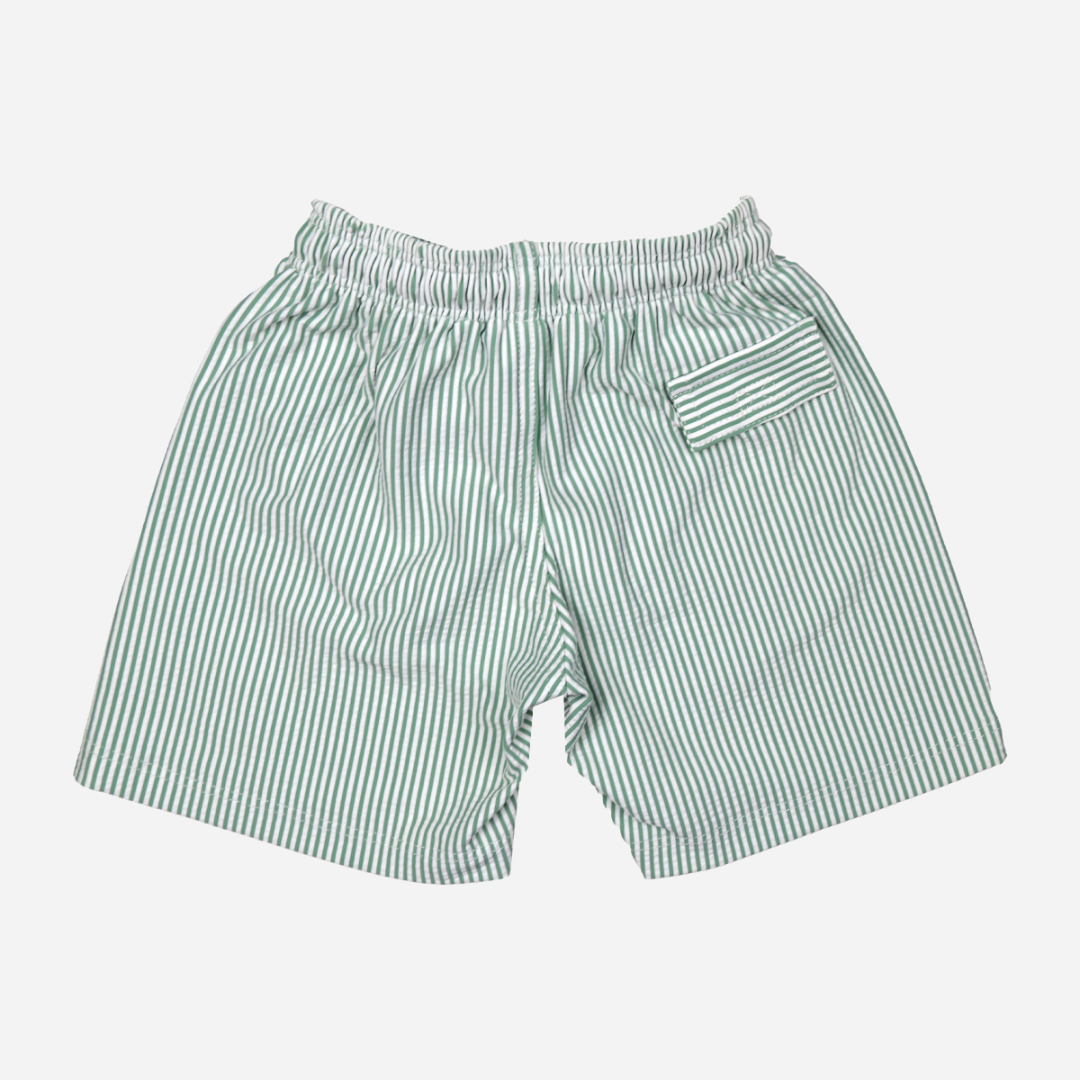 sold at Bombon shop, designed by Al Agua Patos Brand, this green striped surf swim short for boys is perfect for summer. back view
