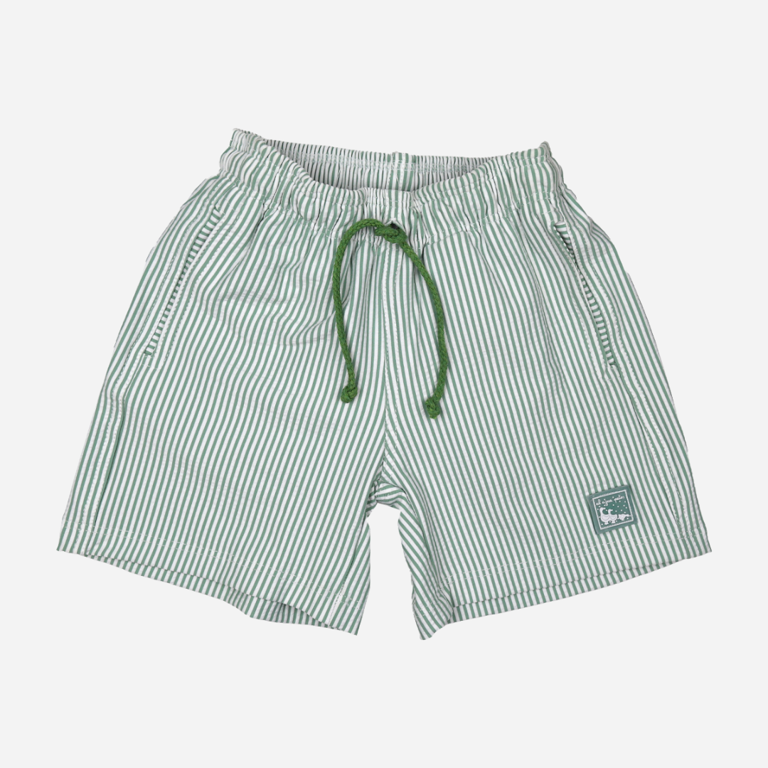 sold at Bombon shop, designed by Al Agua Patos Brand, this green striped surf swim short for boys is perfect for summer. front view