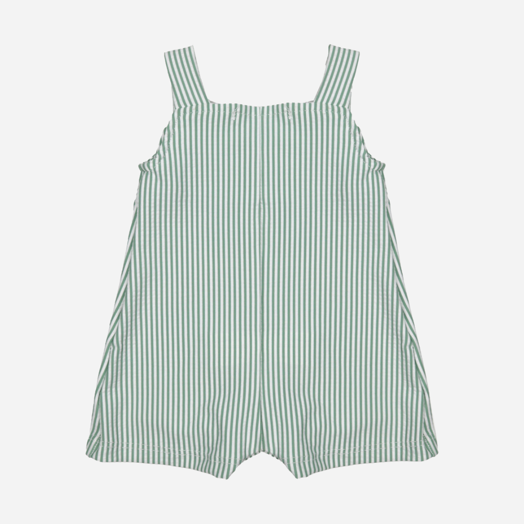 sold at Bombon shop, designed by Al Agua Patos Brand, this green striped baby swim short overall is perfect for summer. back view