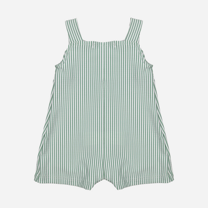 sold at Bombon shop, designed by Al Agua Patos Brand, this green striped baby swim short overall is perfect for summer. back view