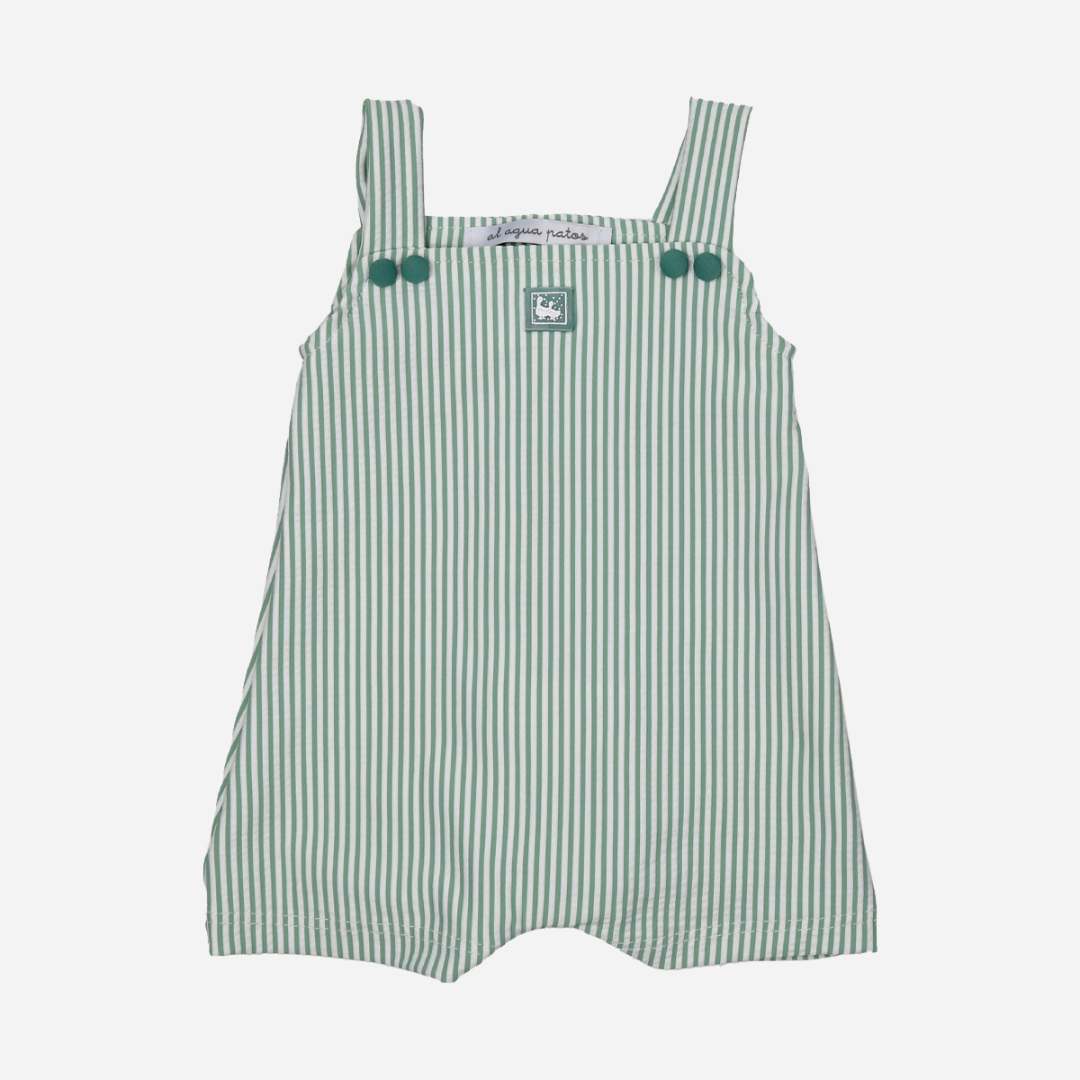 sold at Bombon shop, designed by Al Agua Patos Brand, this green striped baby swim short overall is perfect for summer. front view