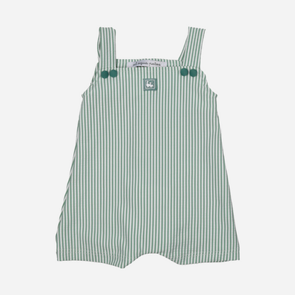 sold at Bombon shop, designed by Al Agua Patos Brand, this green striped baby swim short overall is perfect for summer. front view