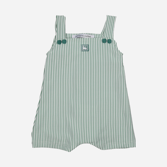 sold at Bombon shop, designed by Al Agua Patos Brand, this green striped baby swim short overall is perfect for summer. front view