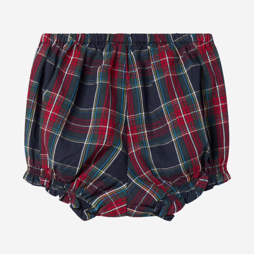 Sold at Bombon shop, designed by MarMar Copenhagen. Red and navy plaid baby bloomers with elastic waistband, pair perfectly with the embroidered collar bodysuit and matching red cardigan.