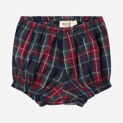 Sold at Bombon shop, designed by MarMar Copenhagen. Red and navy plaid baby bloomers with elastic waistband, pair perfectly with the embroidered collar bodysuit and matching red cardigan.
