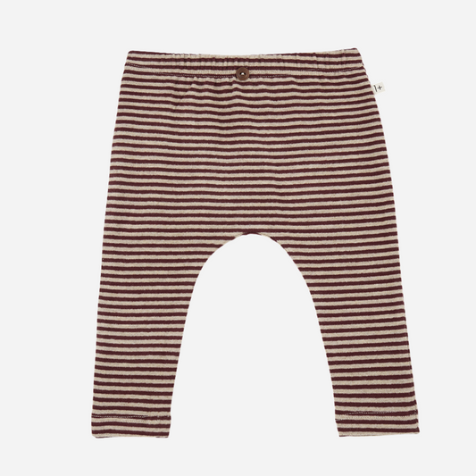 Sold at Bombon shop, designed by 1+ in the family — melanzana striped baby leggings with elastic waist and button detail. front