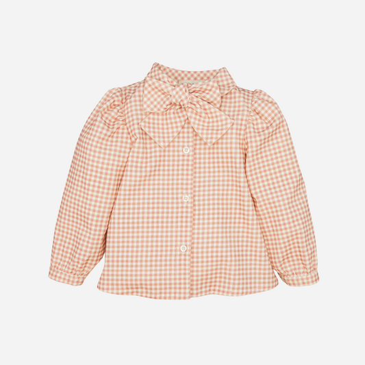 Sold at Bombon shop, designed by Fina Ejerique, pink gingham corduroy blouse with bow collar and puffed shoulders, styled to pair with the matching pants. front