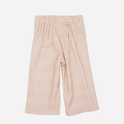Sold at Bombon shop, designed by Fina Ejerique, pink gingham corduroy baby pants with ric-rac trim on the back pockets, styled to pair with the matching blouse.
