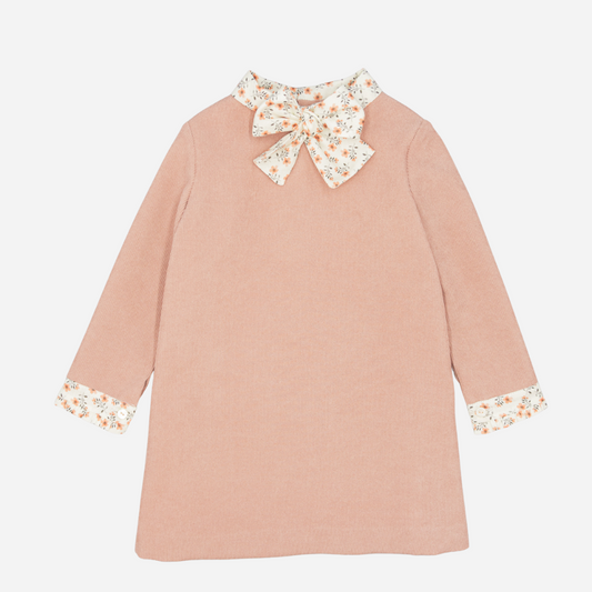 Pink Corduroy Girl Dress | Floral Print Bow