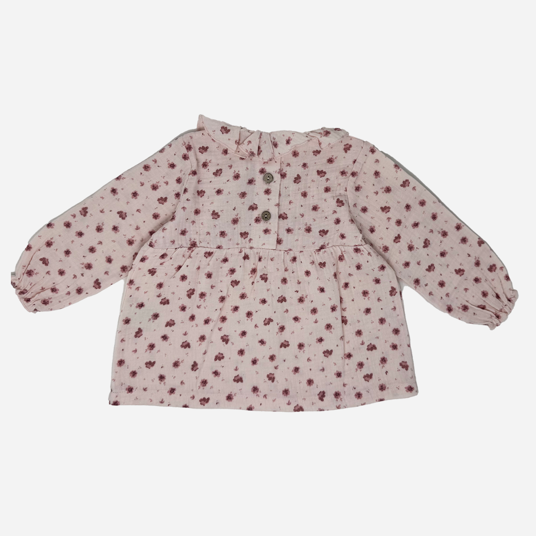 Sold at Bombon shop, designed by Tiny Soul — blush pink floral blouse with gathered waist, puff sleeves, and scalloped collar. back