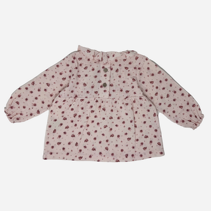 Sold at Bombon shop, designed by Tiny Soul — blush pink floral blouse with gathered waist, puff sleeves, and scalloped collar. back