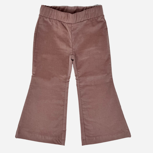 Sold at Bombon shop, designed by Tiny Soul — dusty rose flared pants in soft corduroy with elastic waistband. front