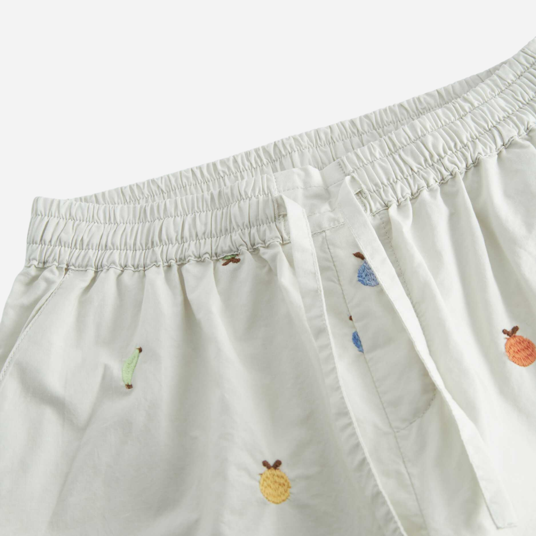 Sold at Bombon shop, designed by Mar Mar Copenhagen, Pinon children’s shorts in Fruit Embroidery